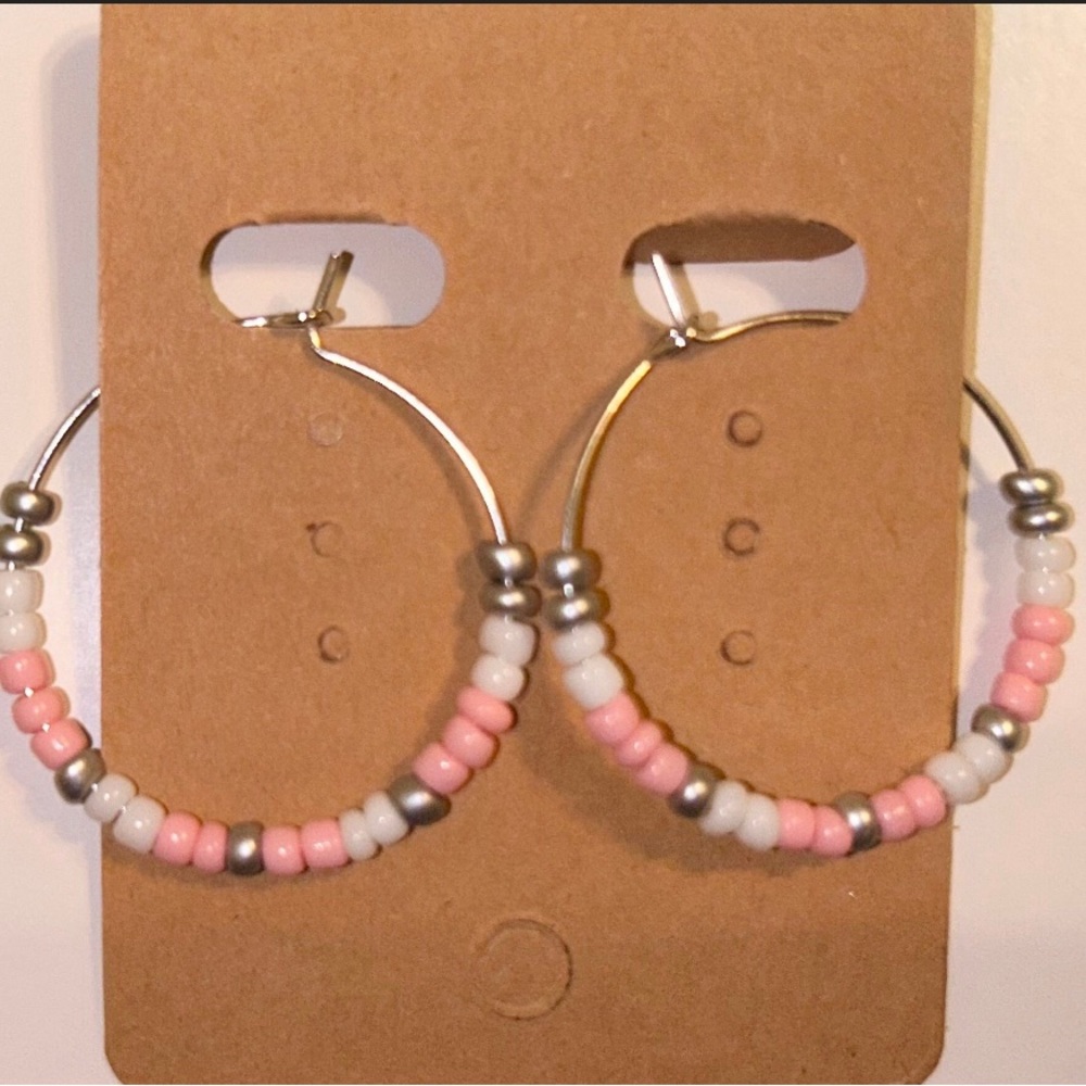 Mini Multicolored Beaded Pink Hoop Earrings